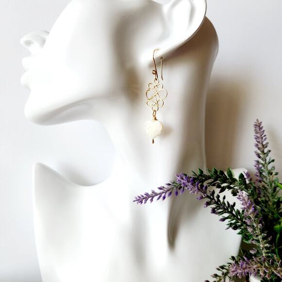 White Shell Heart Leaf Earrings / Gold Wire-Wrapped Dangle Earrings / Handmade - Picture 4 of 9